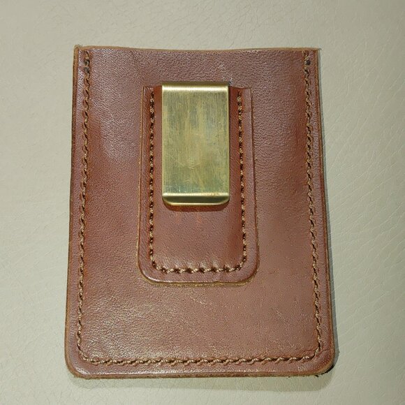 Genuine Leather Money Clip Wallet Brass Brown Tan Unisex Card Holder By Premo - Picture 5 of 9